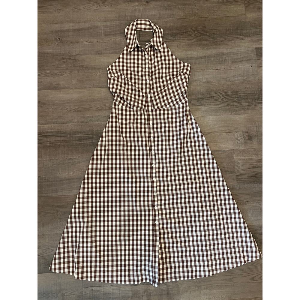 Veronica Beard Mackey Gingham Halter Neck Stretch Cotton Dress